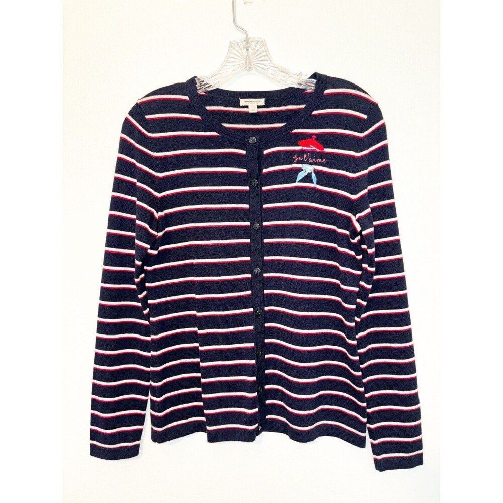 Talbots Petite Navy Striped Cardigan Je T’aime French